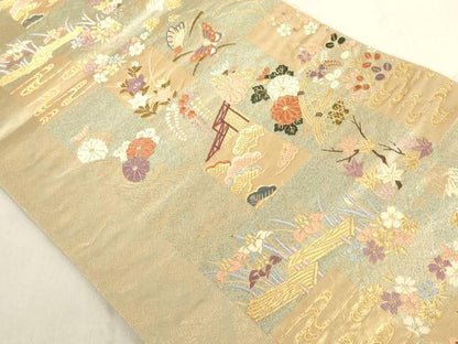 平和屋着物◎六通柄袋帯 市松花蝶文 金糸 正絹 逸品 AAAL5479az