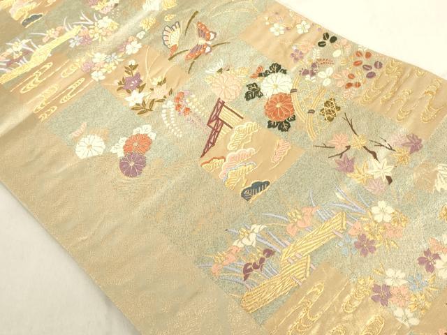 平和屋着物◎六通柄袋帯 市松花蝶文 金糸 正絹 逸品 AAAL5479az