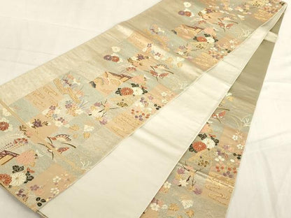 平和屋着物◎六通柄袋帯 市松花蝶文 金糸 正絹 逸品 AAAL5479az