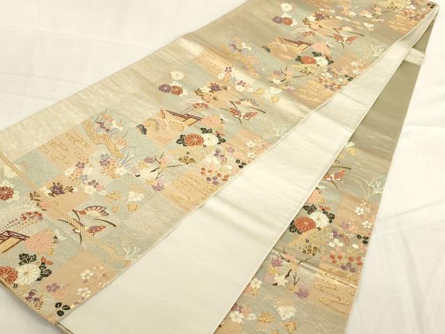 平和屋着物◎六通柄袋帯 市松花蝶文 金糸 正絹 逸品 AAAL5479az