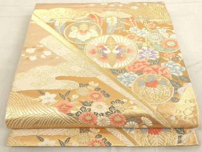 平和屋着物◎六通柄袋帯 扇面向かい鳥花文 金銀糸 正絹 逸品 AAAL5495az