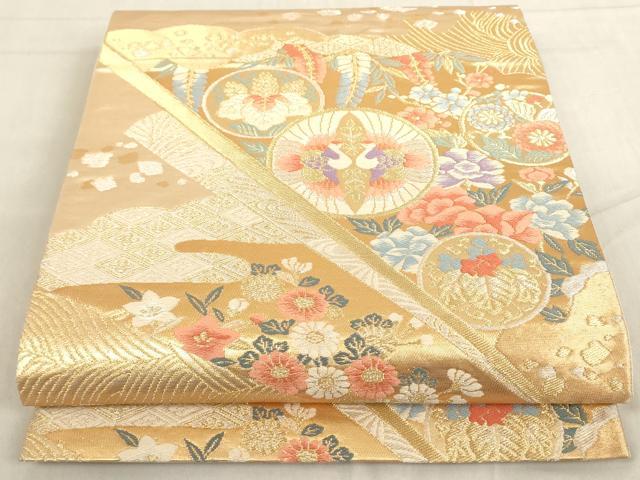 平和屋着物◎六通柄袋帯 扇面向かい鳥花文 金銀糸 正絹 逸品 AAAL5495az