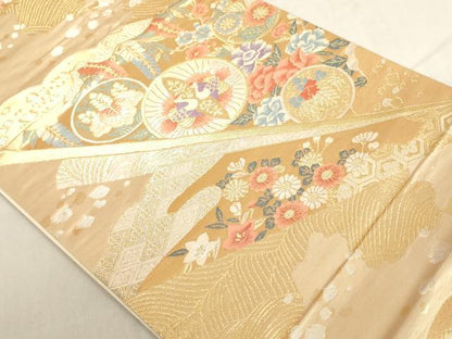 平和屋着物◎六通柄袋帯 扇面向かい鳥花文 金銀糸 正絹 逸品 AAAL5495az
