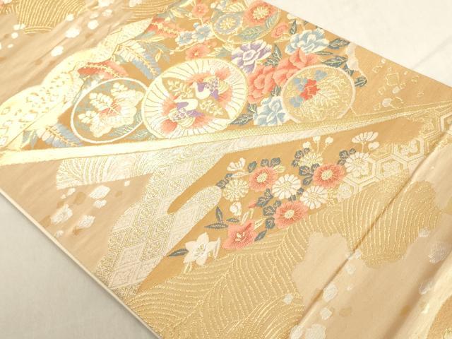 平和屋着物◎六通柄袋帯 扇面向かい鳥花文 金銀糸 正絹 逸品 AAAL5495az