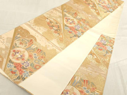 平和屋着物◎六通柄袋帯 扇面向かい鳥花文 金銀糸 正絹 逸品 AAAL5495az