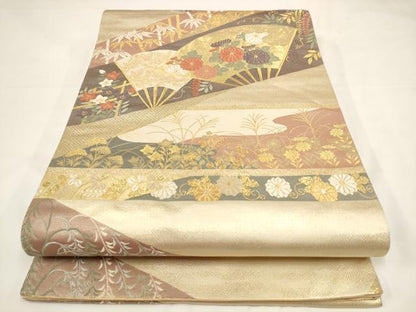 平和屋着物◎六通柄袋帯 唐織 扇面花文 本うるし箔 正絹 逸品 AAAL5516pf