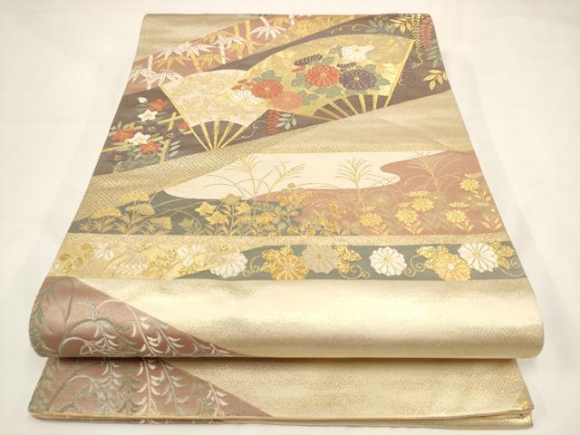 平和屋着物◎六通柄袋帯 唐織 扇面花文 本うるし箔 正絹 逸品 AAAL5516pf