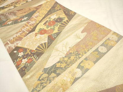 平和屋着物◎六通柄袋帯 唐織 扇面花文 本うるし箔 正絹 逸品 AAAL5516pf