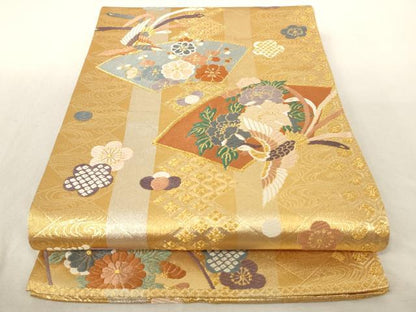 平和屋着物◎六通柄袋帯 唐織 地紙重ね鳳凰文 金糸 正絹 逸品 AAAL5563pf