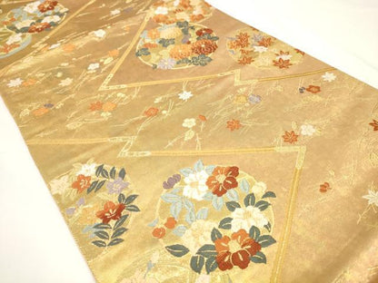平和屋着物◎六通柄袋帯 唐織 松皮菱花丸文 金糸 引箔 正絹 逸品 AAAL5582pf
