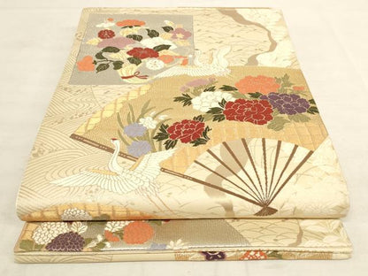 平和屋着物◎都綴れ 六通柄袋帯 唐織 飛鶴扇面花文 金銀糸 正絹 逸品 AAAL5589pf