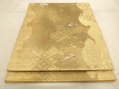 平和屋着物◎六通柄袋帯 吉祥檜扇花文 金糸 引箔 正絹 逸品 AAAL5606pf
