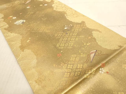 平和屋着物◎六通柄袋帯 吉祥檜扇花文 金糸 引箔 正絹 逸品 AAAL5606pf