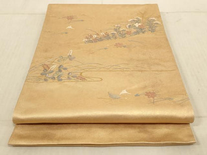 平和屋着物◎太鼓柄袋帯 総刺繍 草花文 引箔 正絹 逸品 AAAL5612pf
