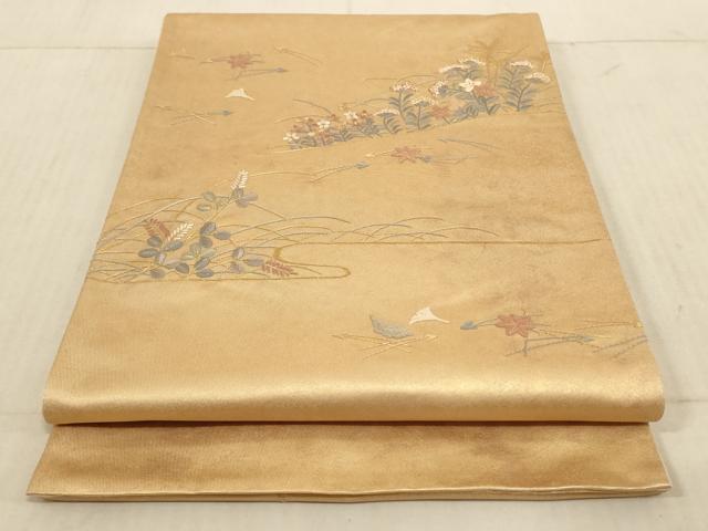 平和屋着物◎太鼓柄袋帯 総刺繍 草花文 引箔 正絹 逸品 AAAL5612pf