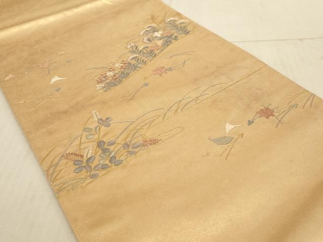 平和屋着物◎太鼓柄袋帯 総刺繍 草花文 引箔 正絹 逸品 AAAL5612pf