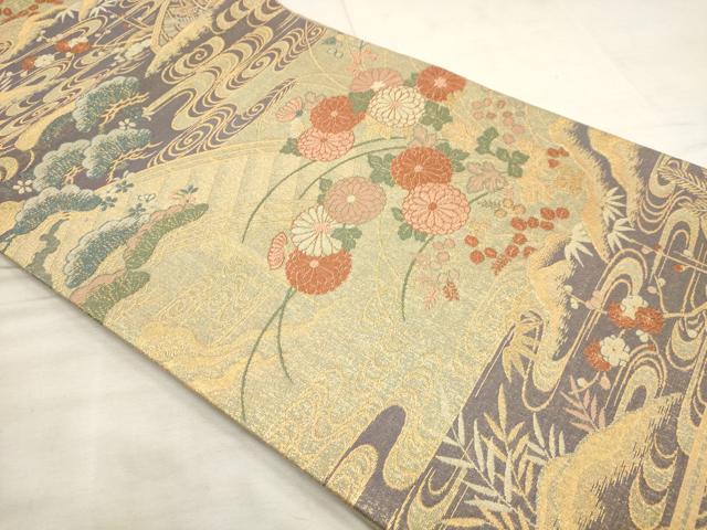 平和屋着物◎六通柄袋帯 渡り橋吉祥花文 金糸 正絹 逸品 AAAL6561tg