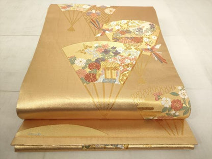 平和屋着物◎六通柄袋帯 扇面御所車花鳥文 金糸 正絹 逸品 AAAL6587tg