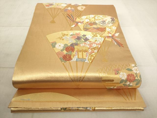 平和屋着物◎六通柄袋帯 扇面御所車花鳥文 金糸 正絹 逸品 AAAL6587tg