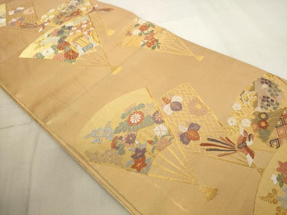 平和屋着物◎六通柄袋帯 扇面御所車花鳥文 金糸 正絹 逸品 AAAL6587tg