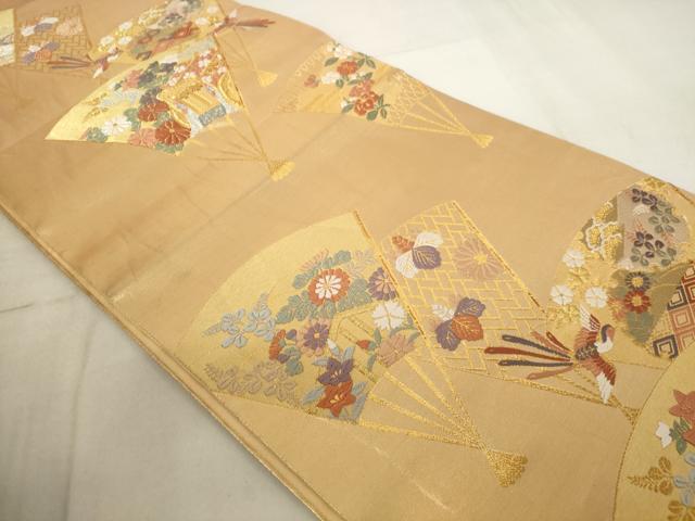 平和屋着物◎六通柄袋帯 扇面御所車花鳥文 金糸 正絹 逸品 AAAL6587tg
