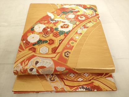 平和屋着物◎六通柄袋帯 唐織 束ね熨斗吉祥花鳥文 金銀糸 正絹 逸品 AAAL6590tg