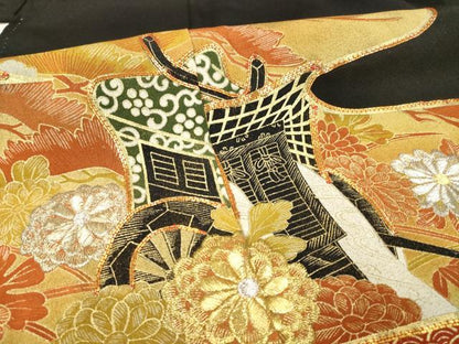 平和屋着物■豪華黒留袖 駒刺繍 エ霞御所車花文 金彩 正絹 逸品 AAAL6869ck
