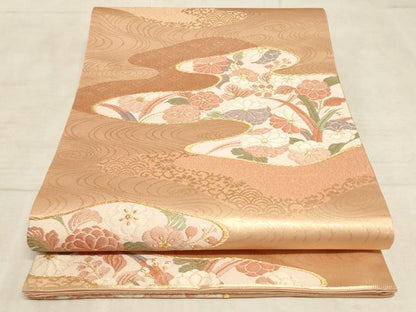 平和屋着物◎六通柄袋帯 流水草花文 金糸 正絹 逸品 AAAL7069pf