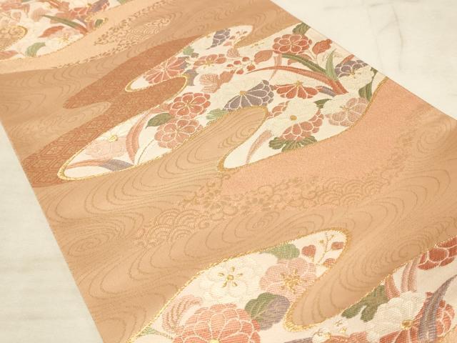 平和屋着物◎六通柄袋帯 流水草花文 金糸 正絹 逸品 AAAL7069pf