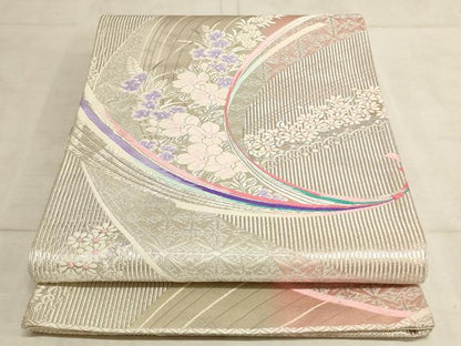 平和屋着物◎両面六通柄袋帯 唐織 草花文 銀糸 正絹 逸品 AAAL7096pf
