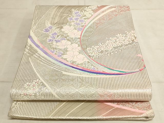 平和屋着物◎両面六通柄袋帯 唐織 草花文 銀糸 正絹 逸品 AAAL7096pf