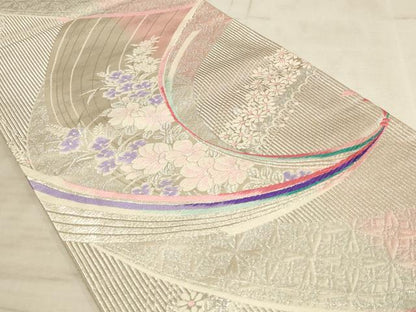 平和屋着物◎両面六通柄袋帯 唐織 草花文 銀糸 正絹 逸品 AAAL7096pf