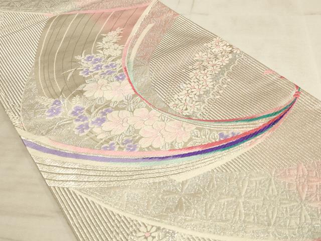 平和屋着物◎両面六通柄袋帯 唐織 草花文 銀糸 正絹 逸品 AAAL7096pf