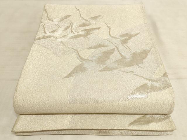 平和屋着物◎綴れ 六通柄袋帯 地紙重ね群れ鶴文 銀糸 正絹 逸品 AAAL7115pf