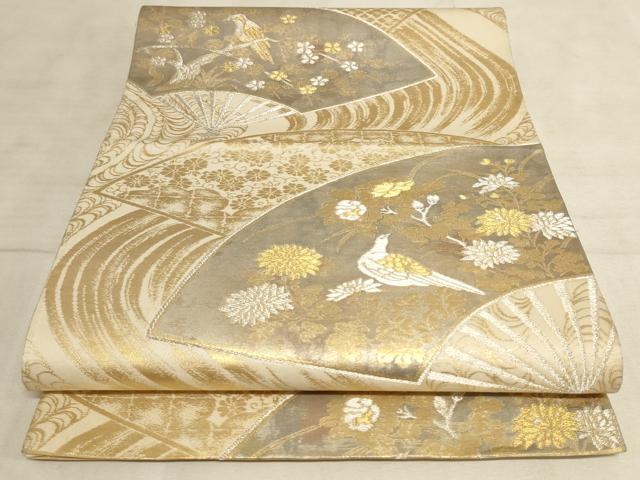 平和屋着物◎六通柄袋帯 流水扇面花鳥文 金銀糸 引箔 正絹 逸品 AAAL7120pf