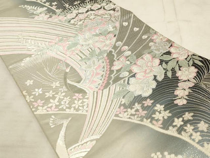 平和屋着物◎六通柄袋帯 唐織 孔雀花文 銀糸 正絹 逸品 AAAL7150pf