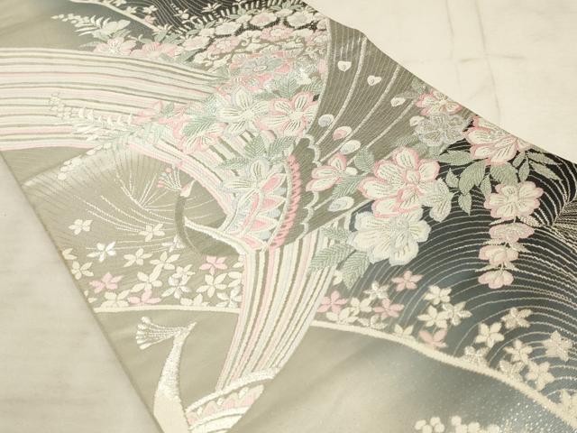 平和屋着物◎六通柄袋帯 唐織 孔雀花文 銀糸 正絹 逸品 AAAL7150pf