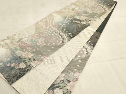 平和屋着物◎六通柄袋帯 唐織 孔雀花文 銀糸 正絹 逸品 AAAL7150pf