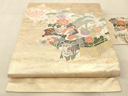 平和屋着物◎九寸名古屋帯 唐織 鴛鴦風景花文 金糸 引箔 正絹 逸品 AAAL8931pf
