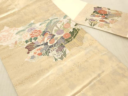平和屋着物◎九寸名古屋帯 唐織 鴛鴦風景花文 金糸 引箔 正絹 逸品 AAAL8931pf