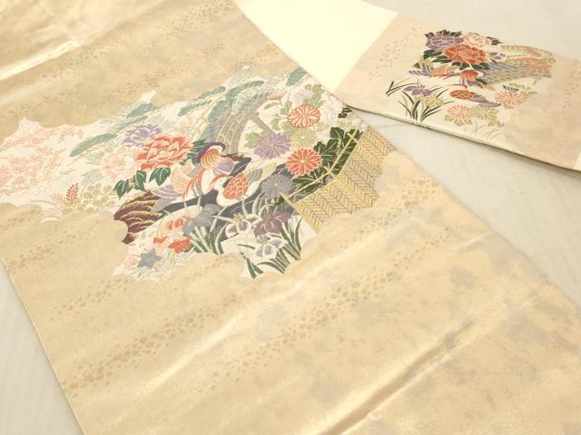 平和屋着物◎九寸名古屋帯 唐織 鴛鴦風景花文 金糸 引箔 正絹 逸品 AAAL8931pf