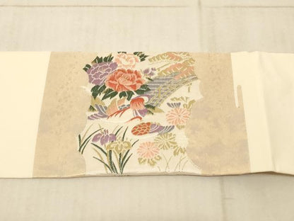 平和屋着物◎九寸名古屋帯 唐織 鴛鴦風景花文 金糸 引箔 正絹 逸品 AAAL8931pf