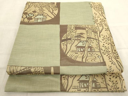 平和屋着物◎六通柄袋帯　作家物　市松風景文　正絹　逸品　AAAL9094ex