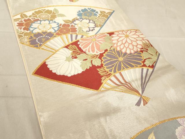 平和屋着物◎六通柄袋帯 唐織 翡翠錦 扇面草花文 金銀糸 正絹 逸品 AAAL9109ex