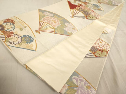平和屋着物◎六通柄袋帯 唐織 翡翠錦 扇面草花文 金銀糸 正絹 逸品 AAAL9109ex