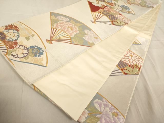 平和屋着物◎六通柄袋帯 唐織 翡翠錦 扇面草花文 金銀糸 正絹 逸品 AAAL9109ex