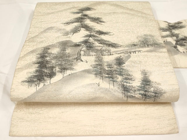 平和屋着物◎九寸名古屋帯　作家物　手描き　風景文　正絹　逸品　AAAL9938Aex