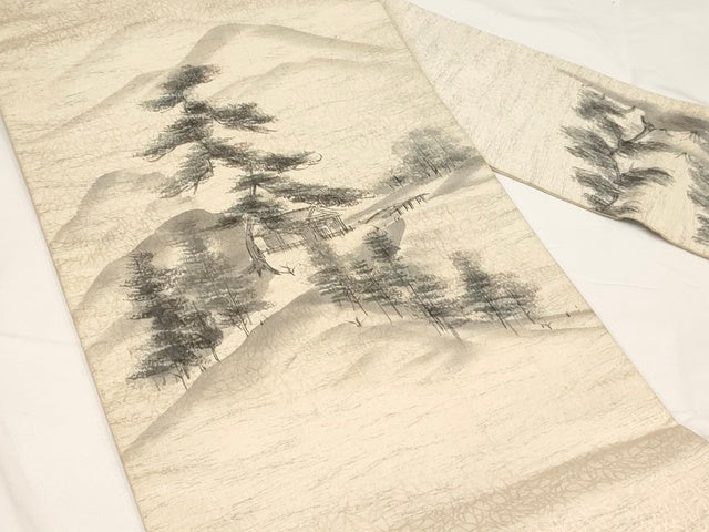 平和屋着物◎九寸名古屋帯　作家物　手描き　風景文　正絹　逸品　AAAL9938Aex