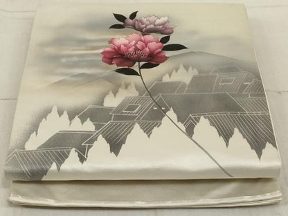 平和屋着物◎太鼓柄袋帯 風景枝花文 銀彩 引箔 正絹 逸品 AAAM0953tn