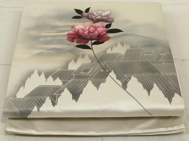 平和屋着物◎太鼓柄袋帯 風景枝花文 銀彩 引箔 正絹 逸品 AAAM0953tn